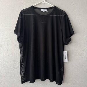 DKNY Jeans Mesh Shirt Women’s 2X Black Rhinestone Logo Short Sleeve DJRX1145 NEW